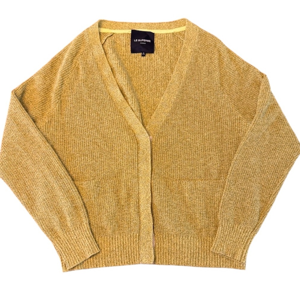 Le Superbe Size Small Cashmere Cotton Blend Cardigan Mustard Yellow Green